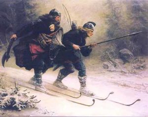 19th century Knud Bergslien painting depicting Birkebeiner skiers carrying Prince Haakon to safety in 1206 | Writer Mariecor | WriterMariecor.com