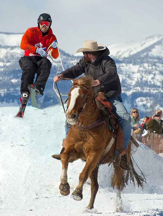 Winter Skijoring Cowboy and mid-jump Skier Duo | Writer Mariecor | WriterMariecor.com